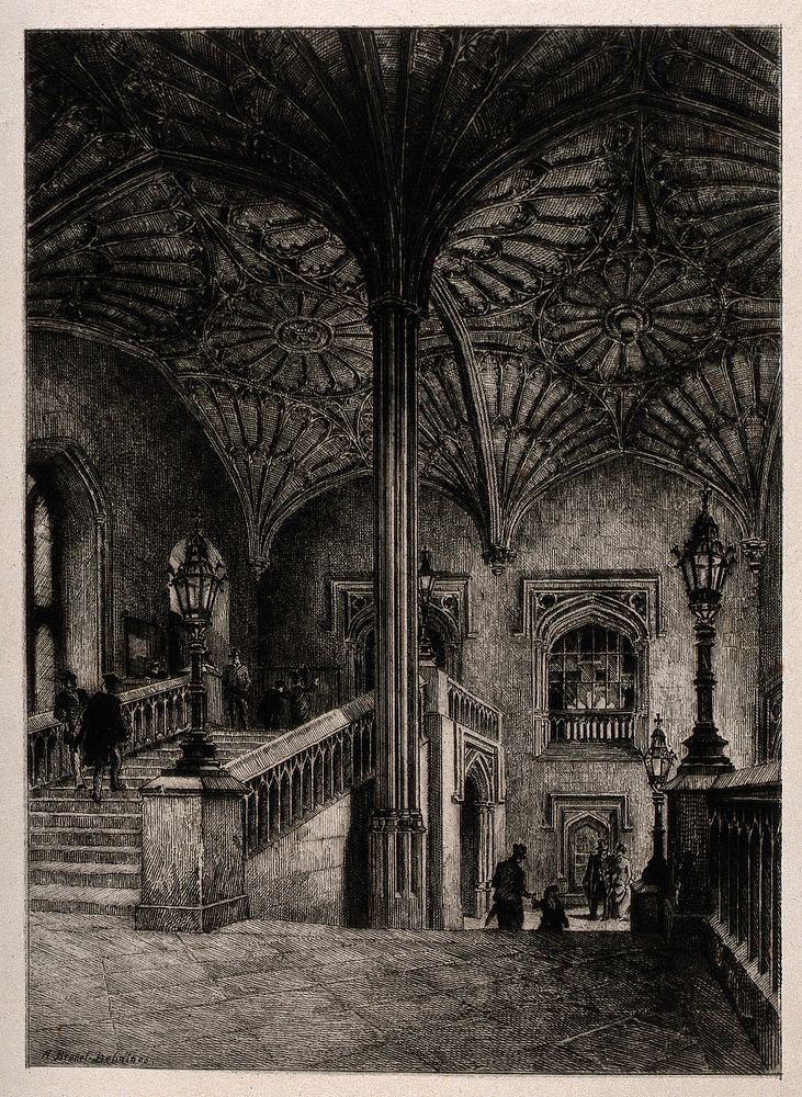 Christ Church, Oxford: interior of staircase leading to the hall. Etching by A.L. Brunet Debaines.