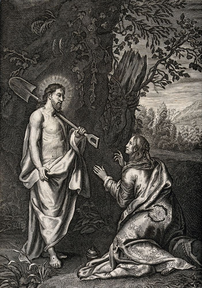 The risen Christ appears as gardener to Mary Magdalene. Engraving.