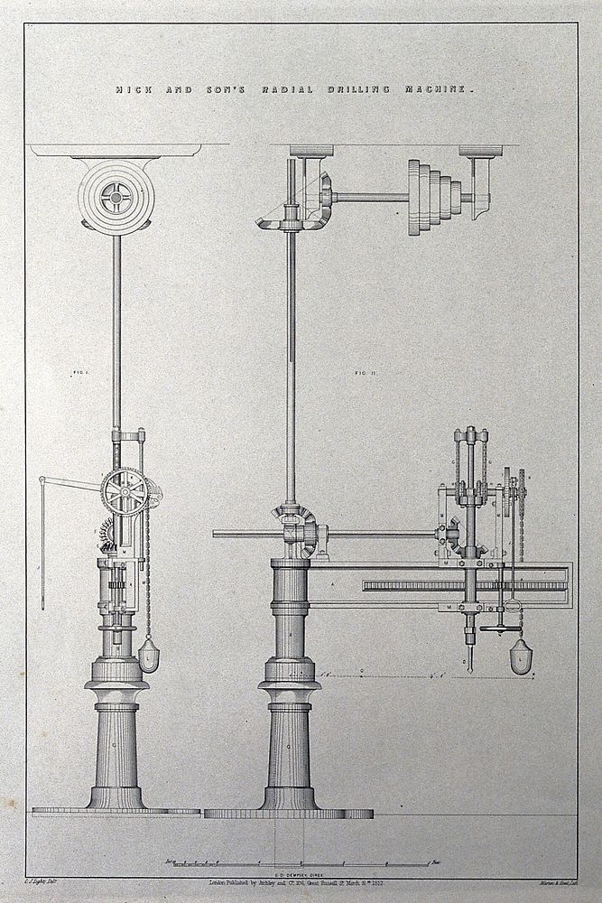 Engineering: a drilling machine. Lithograph by Martin and Hood, 1852, after C.J. Light.