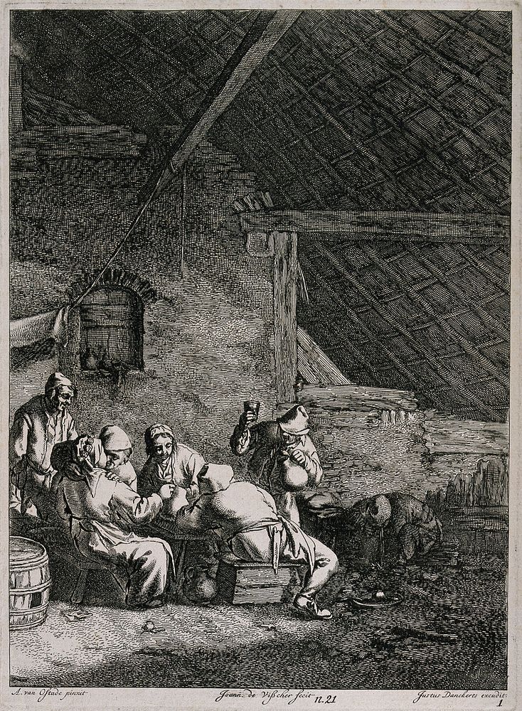 Six peasants carousing in a barn as a seventh man vomits in the corner. Etching by J. de Visscher, 17th century, after J.…