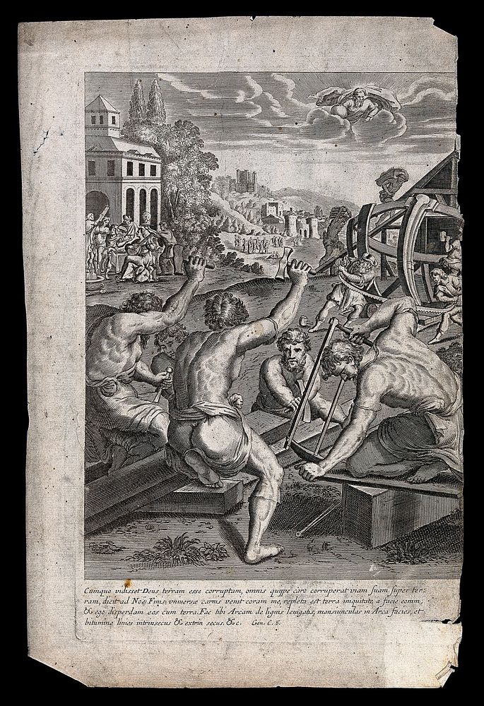 Men build the ark while revellers play; God supervises. Engraving.