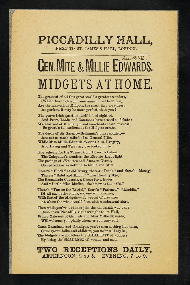 [Leaflet with a poem about General Mite and Millie Edwards : 'Midgets at home', advertising the Royal American Midgets:…