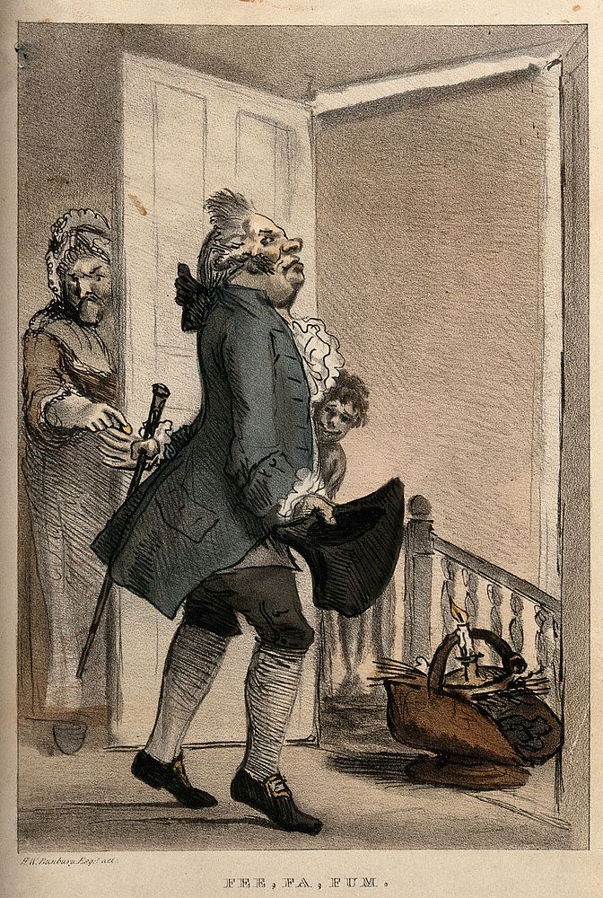 A doctor exacting payment for a house-call from a disgruntled patient. Lithograph after H.W. Bunbury.