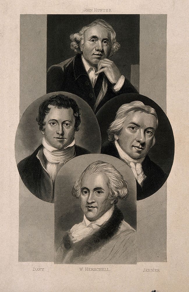John Hunter, Edward Jenner, William Herschel and Humphry Davy. Engraving.