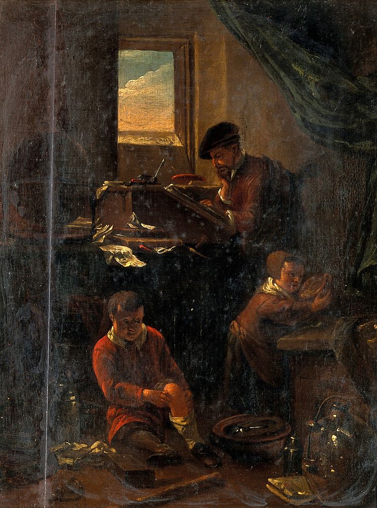 A philosopher in his study, with two children. Oil painting by Thomas Wijck (Thomas Wyck).