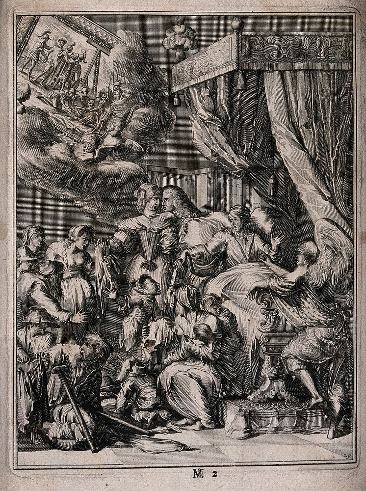 Poor and sickly people are shown to the dying man. Etching.