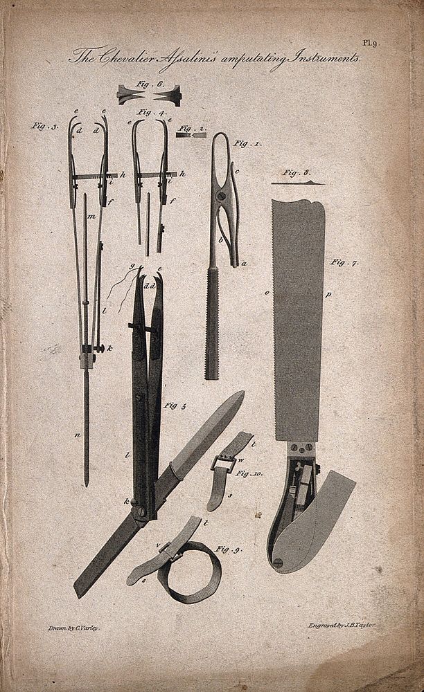 Surgical instruments: amputating instruments designed by Paolo Assalini. Engraving by J.B. Taylor after C. Varley.