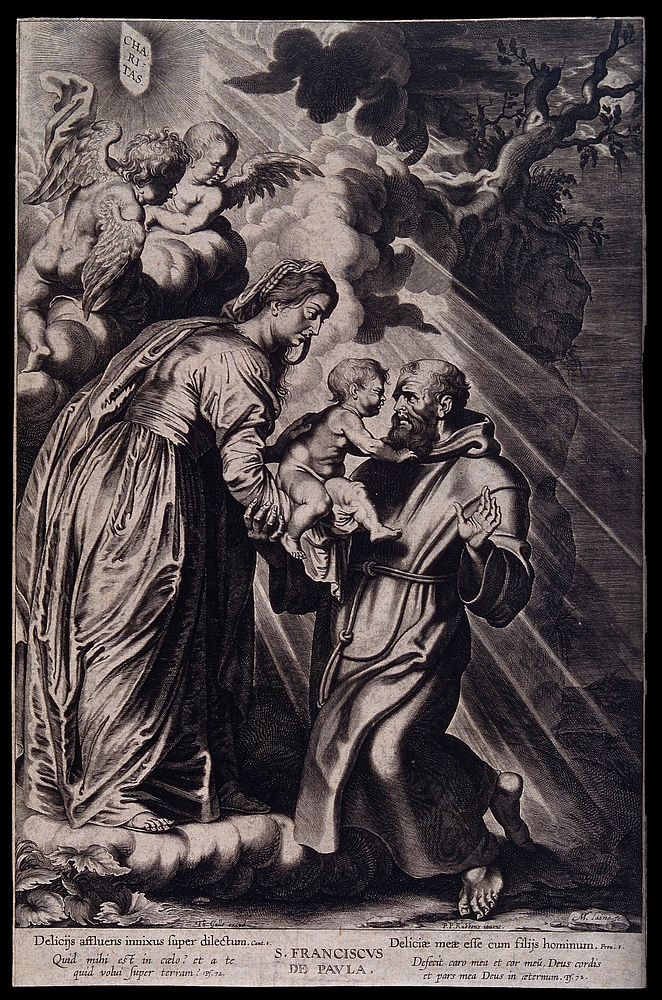 Saint Francis of Paula receiving the infant Christ from the Virgin Mary; two cherubs are watching the scene. Engraving by M.…