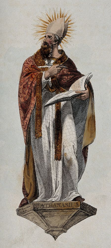 Saint Athanasius. Coloured stipple engraving after W. Hamilton.