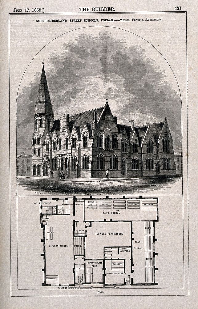 Northumberland Street School, Poplar, London: a three-quarter view, above, and a plan, below. Wood engraving by W. E.…