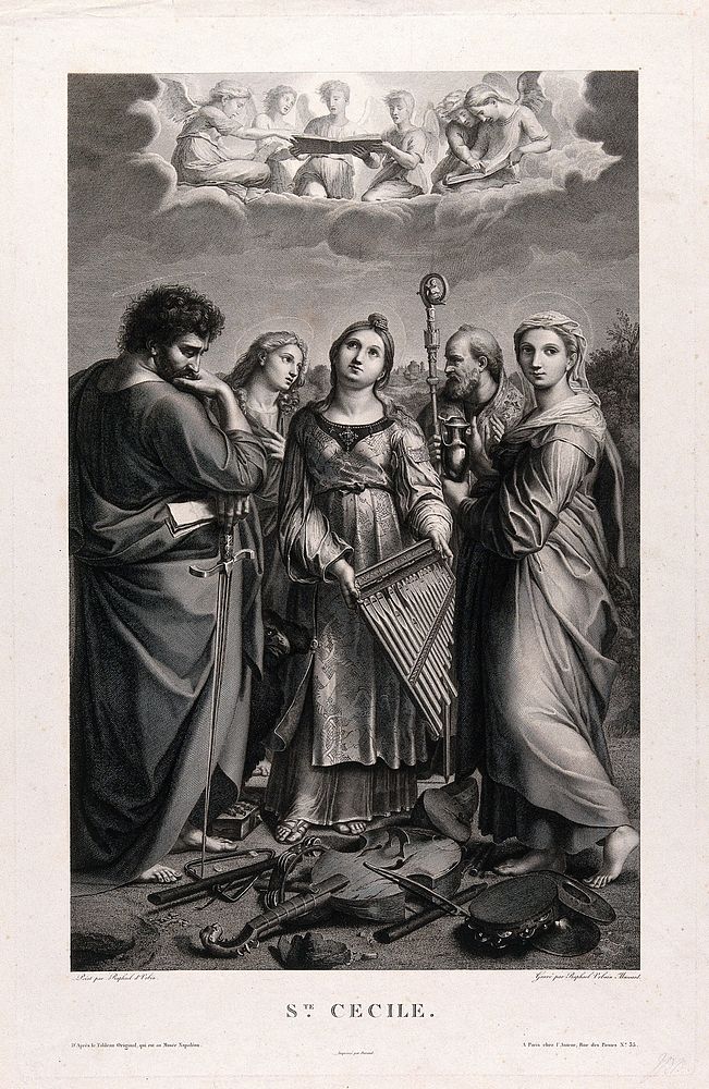 Saint Cecilia with Saint Paul, Saint John the Evangelist, Saint Augustine of Hippo and Saint Mary Magdalen. Engraving by…