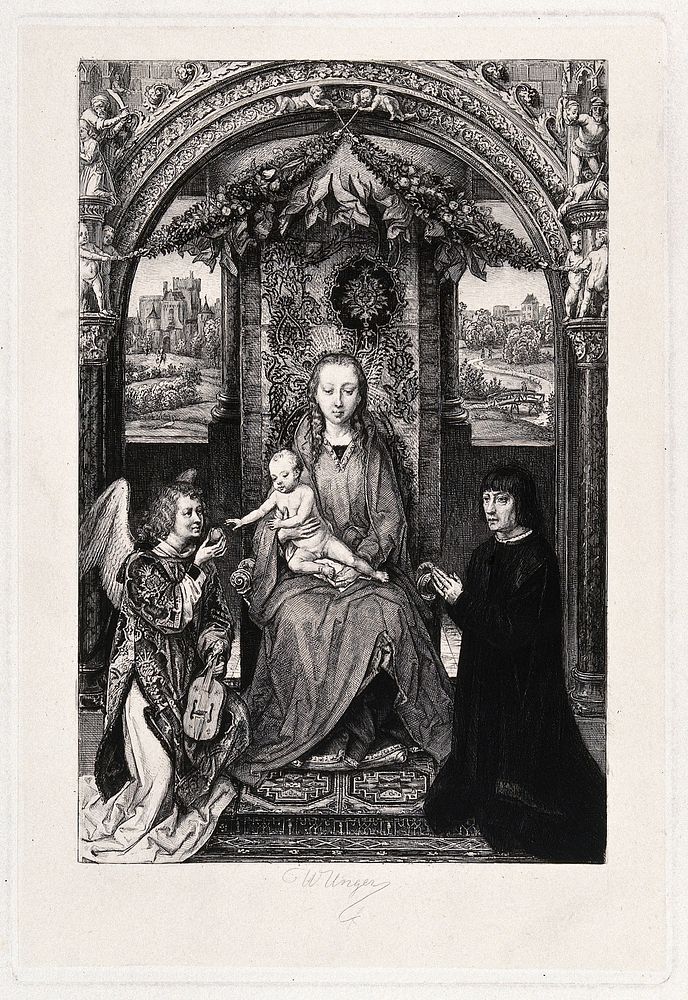Saint Mary (the Blessed Virgin) with the Christ Child, an angel and a donor. Etching by W. Unger after H. Memlinc.