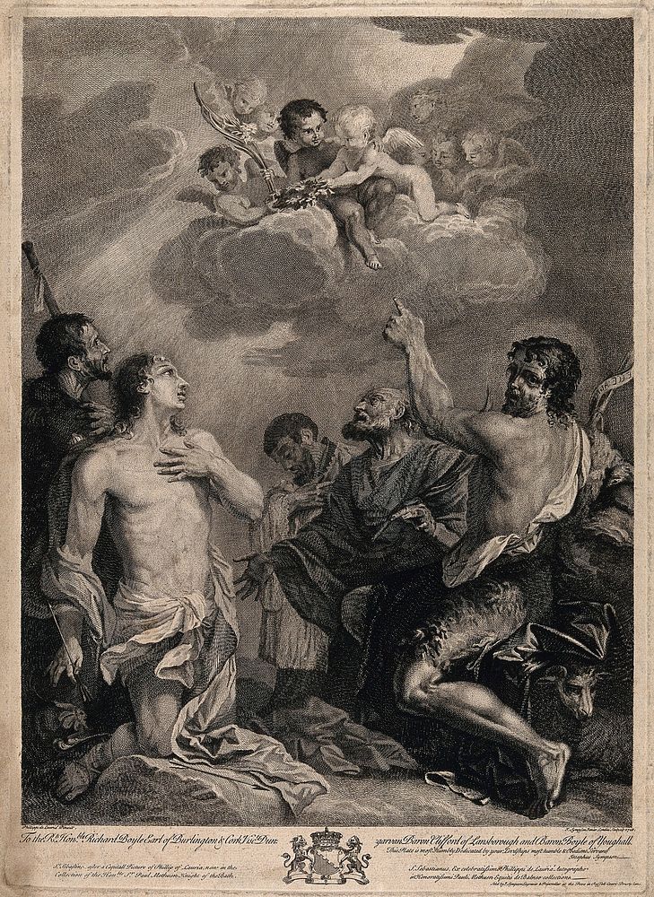 Saint Roch, Saint Sebastian, a male saint, Saint Peter the Apostle  and Saint John the Baptist with angels above. Engraving…