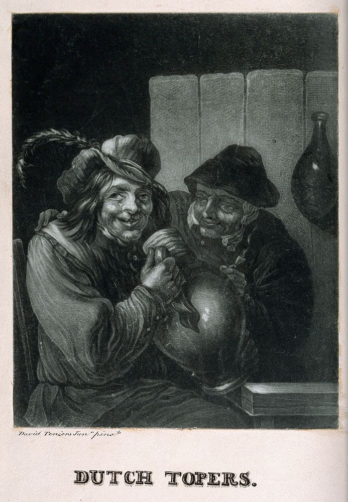 Two Dutch topers clasping a beer jug and smoking. Mezzotint after D. Teniers, the younger.