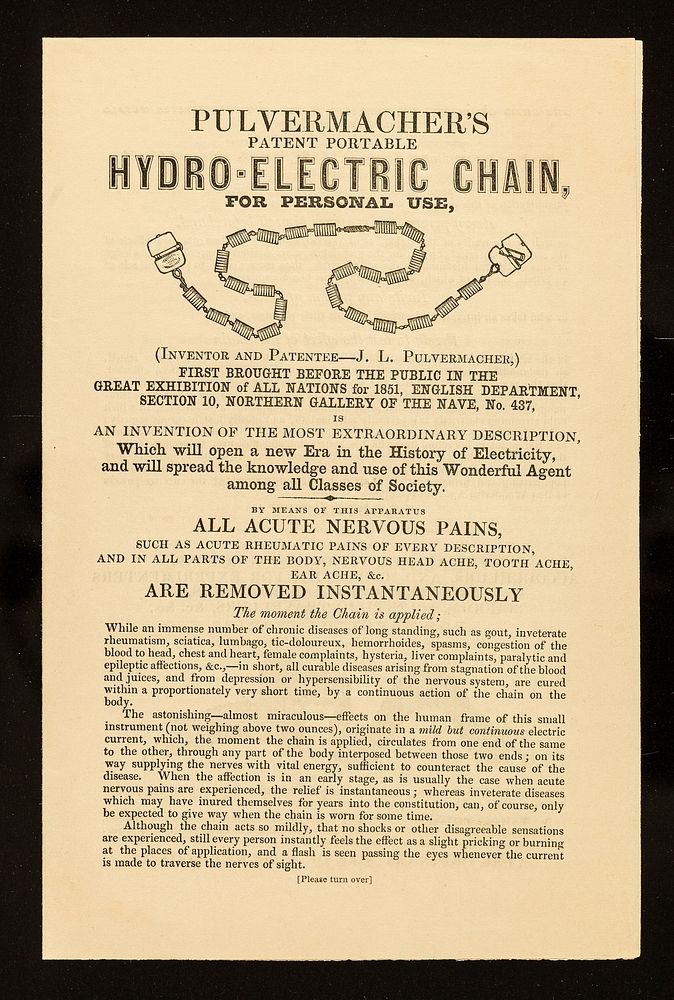 Pulvermacher's patent portable hydro-electric chain for personal use : (inventor and patentee- J.L. Pulvermacher) ... /…