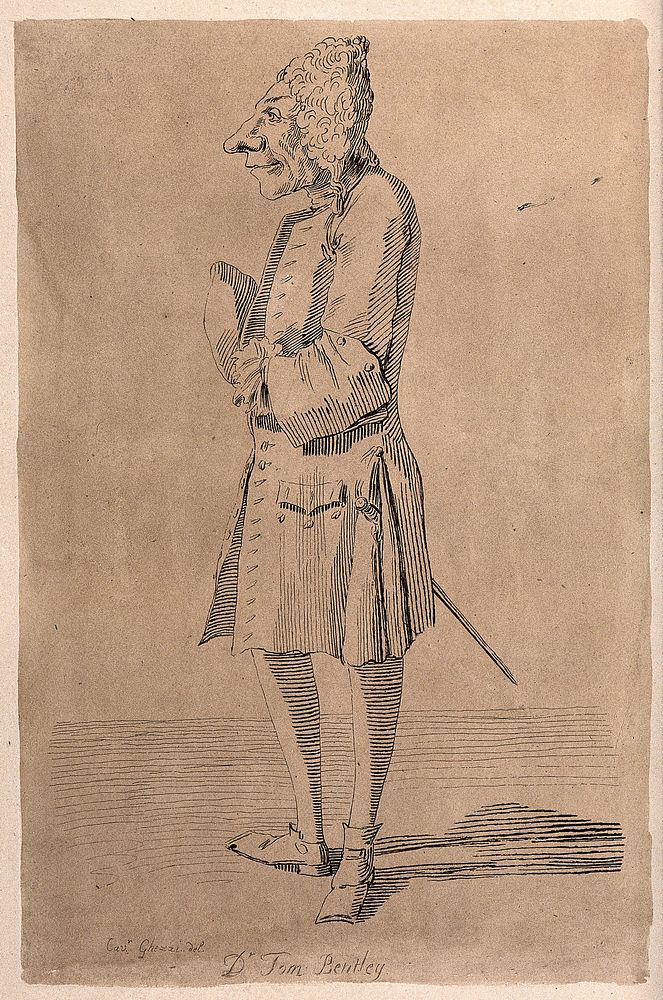 Dr Thomas Bentley wearing a wig and a sword. Etching by A. Pond after P.L. Ghezzi.