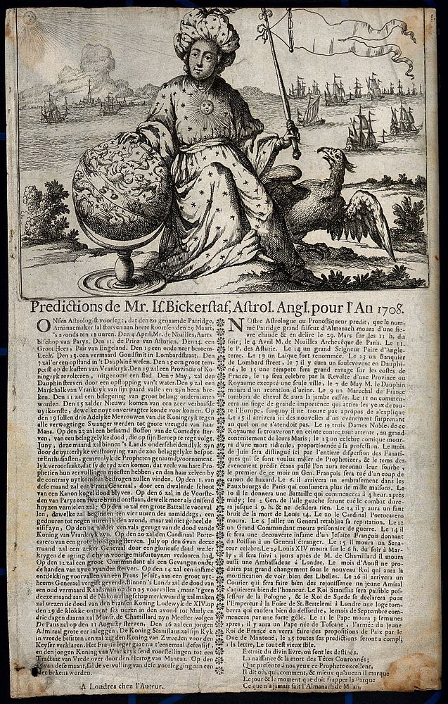Astronomy: an astrologer sits in a landscape with his hand on a globe. Line engraving, 1707 [].
