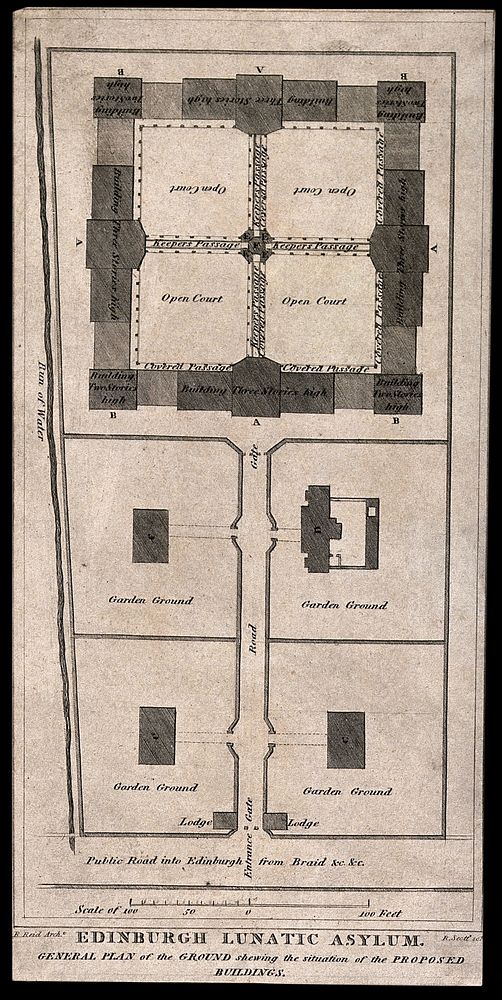 Edinburgh Lunatic Asylum: floor plan with scale and key. Line engraving by R. Scott after R. Reid.