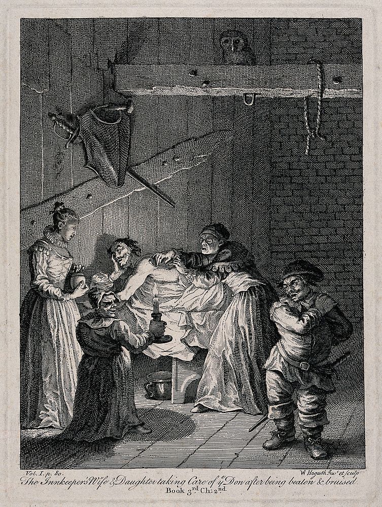 An old woman soothes a wound on Don Quixote's back. Engraving by William Hogarth.