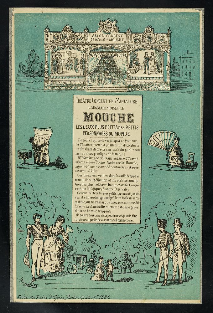 [Leaflet (17 April 1881) advertising a Théâtre-Concert en miniature featuring Monsieur and Mademiselle Mouche, the smallest…