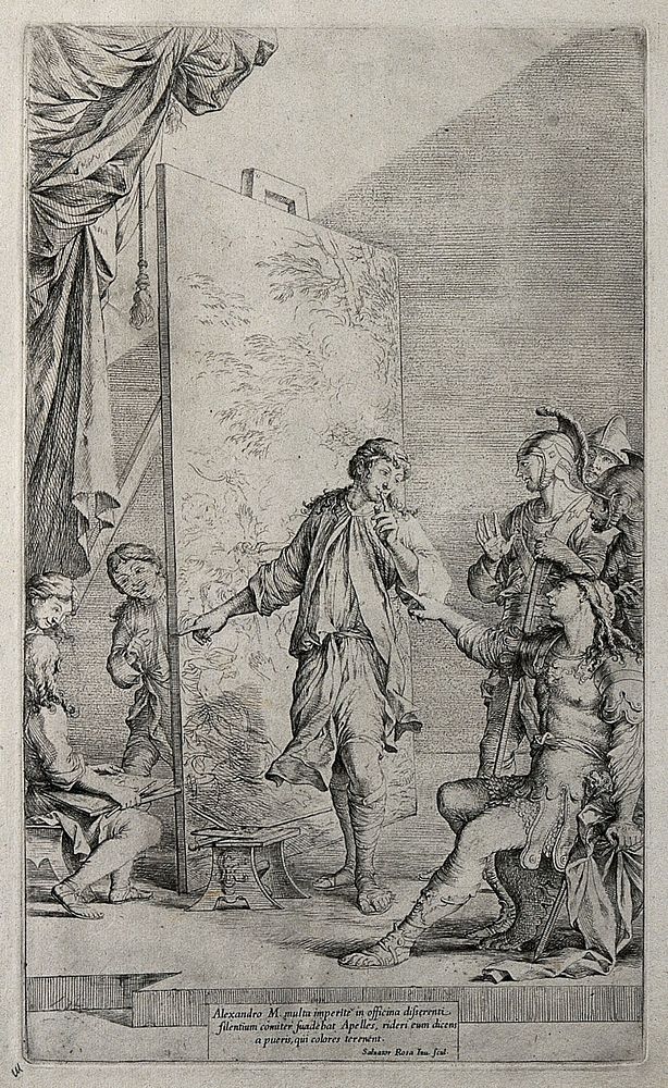Alexander the Great being mocked by the apprentices in the studio of Apelles. Etching by Salvator Rosa.