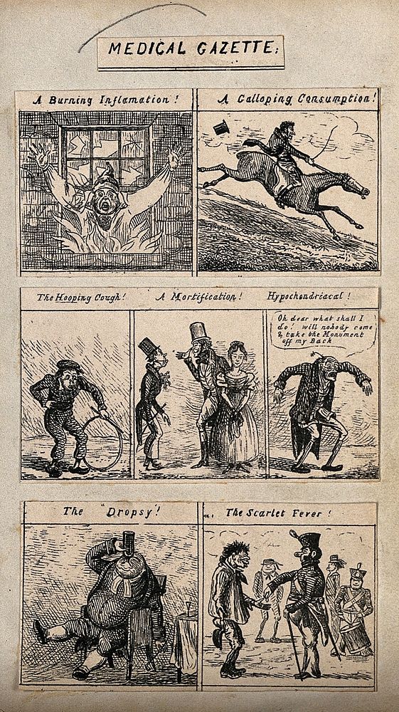 Seven medical conditions humourously illustrated. Reproduction of an etching.