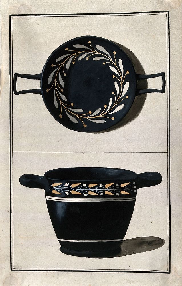 Above, black ground two-handled Greek cup (kylix) decorated with stylised pattern of olive leaves; below, black-ground two…