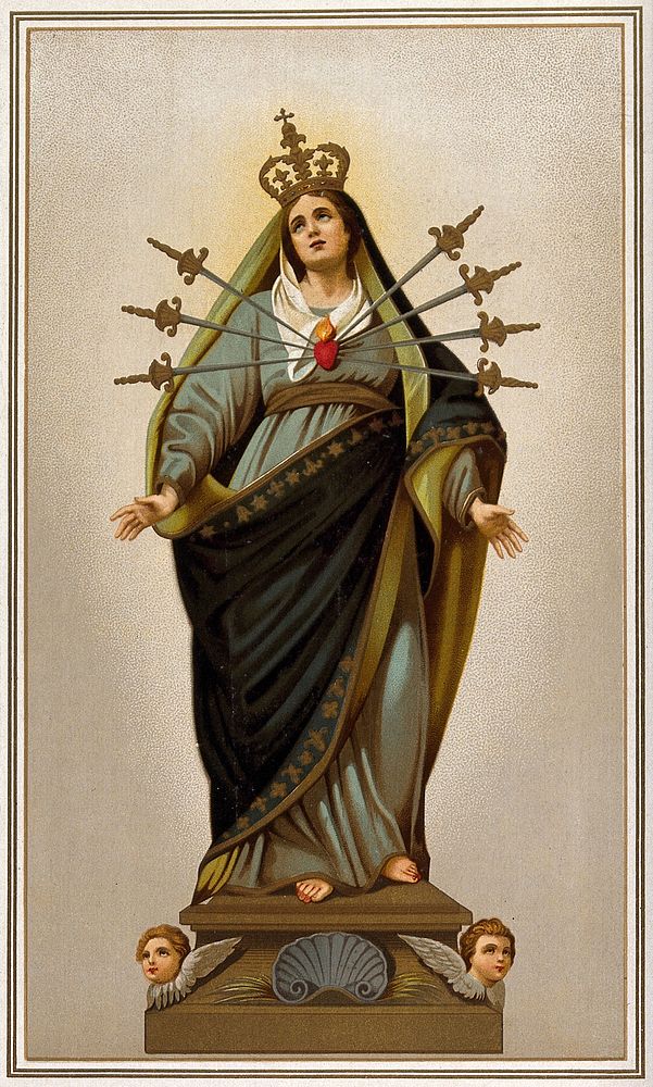 Saint Mary (the Blessed Virgin) as the Virgin of the Seven Sorrows. Colour lithograph.