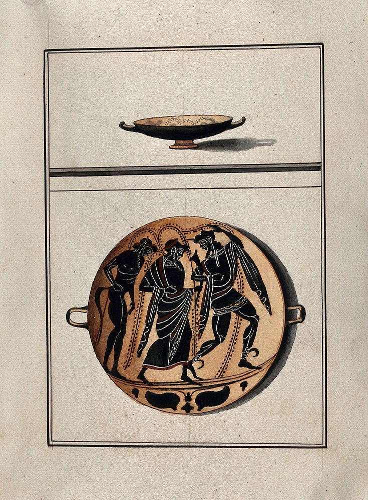 Above, black-figured Greek cup (kylix); below, detail of the decoration showing two men (Dionysos in the centre ) and a…