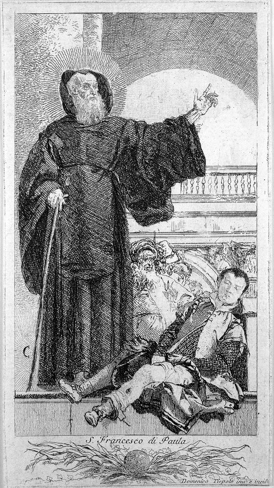 Saint Francis de Paul (San Francesco da Paola) healing a young man with an ulcered leg. Etching by Giandomenico Tiepolo.