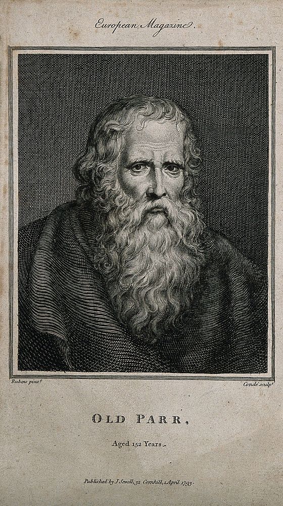 Thomas Parr, aged 152. Line engraving by J. Condé, 1793, after Sir P.P. Rubens.