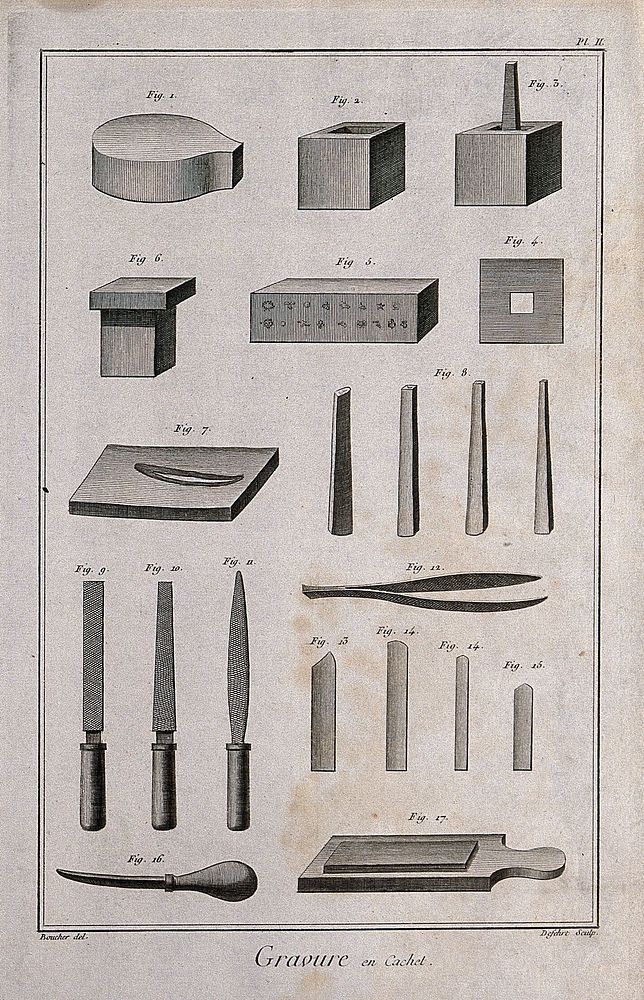 Engraving tools, punches, files, an anvil etc., for cutting seals. Engraving by A.J. Defehrt after J.N. Boucher.