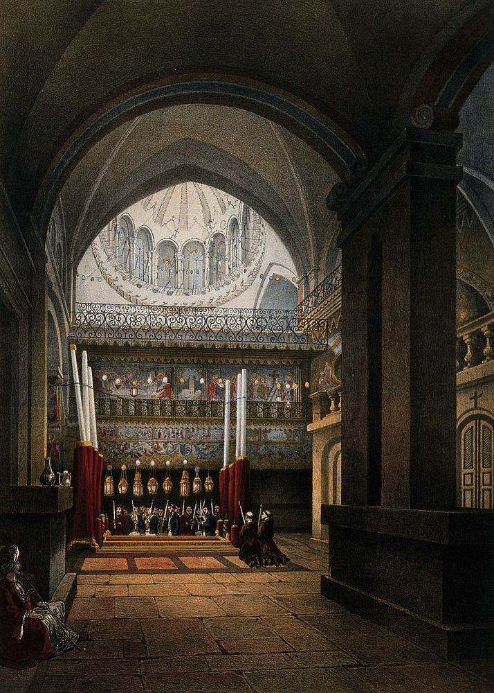 Stone of Unction within the Greek chapel, Jerusalem. Chromolithograph by H. Clerget and J. Gaildrau after François Edmond…