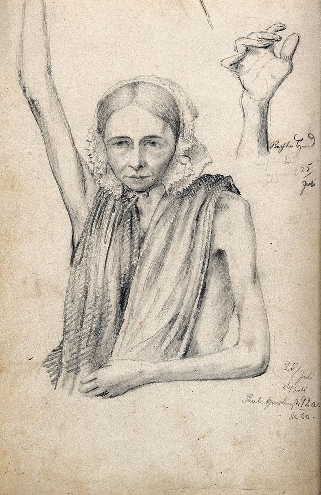 A woman viewed from the front, with her right arm raised, a detail of her hand is in the top right corner. Drawing…