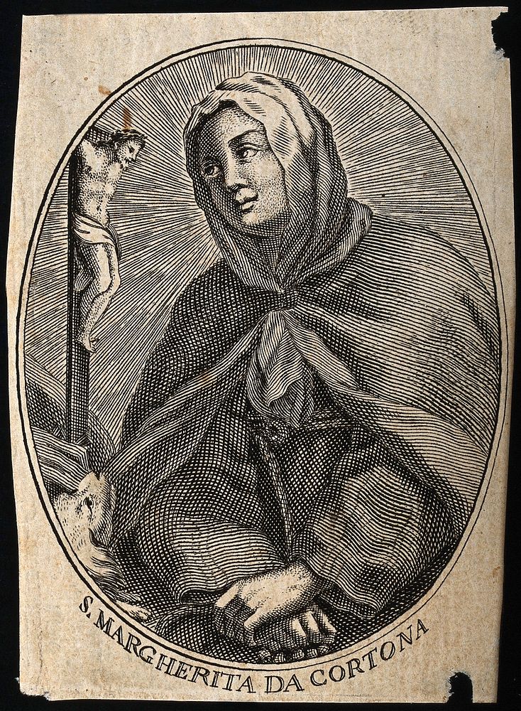 Saint Margaret of Cortona. Line engraving.