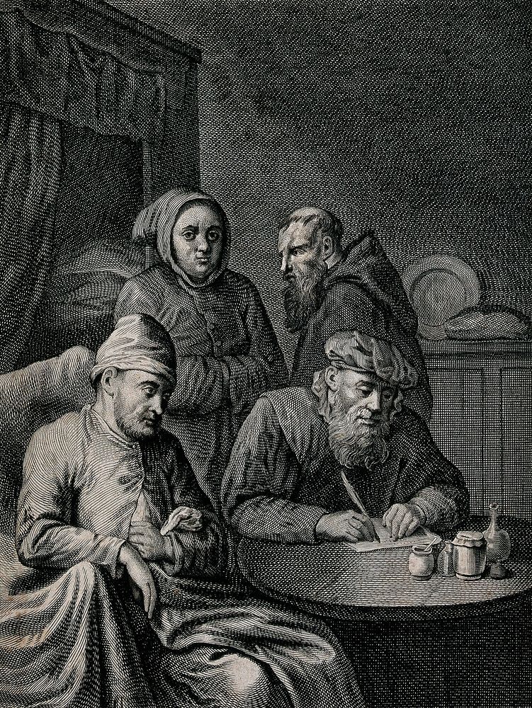 A sick man is seated in an armchair and a doctor is writing his prescription; two monks in the background. Engraving after…