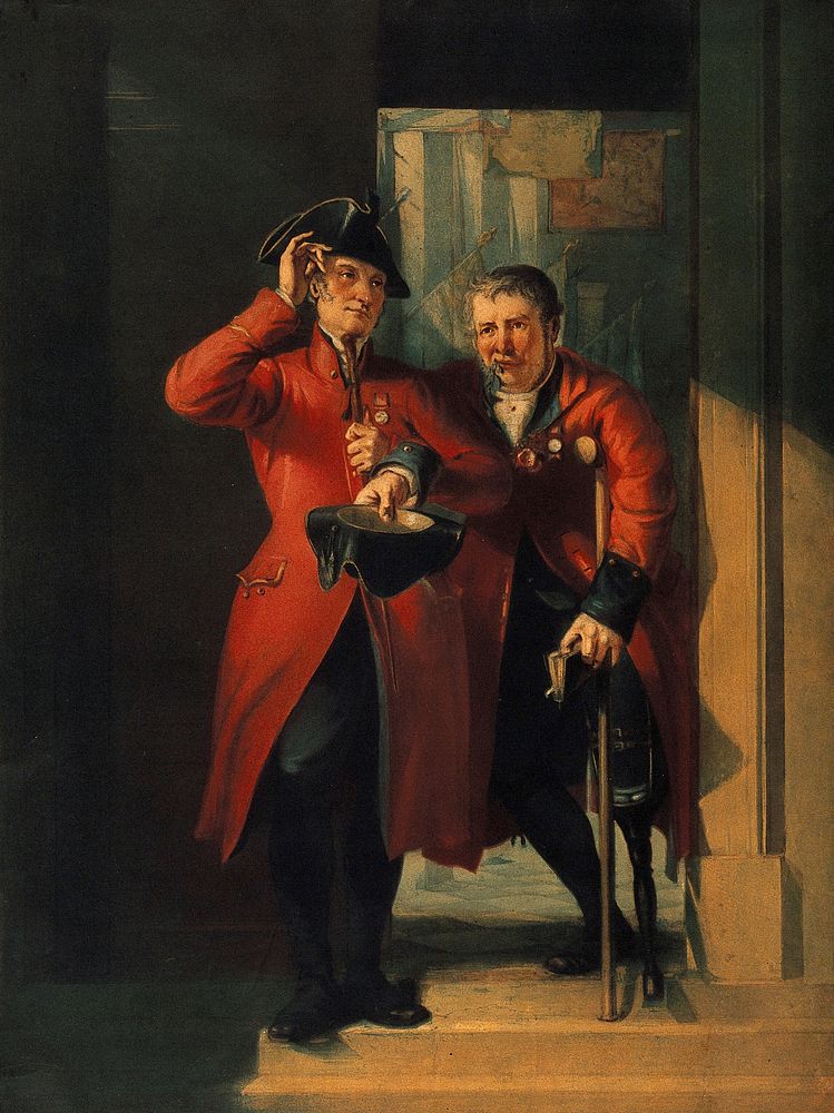 Two Chelsea Pensioners arm-in-arm, one, with a wooden leg, leaning on a crutch and holding out his hat begging for alms []…