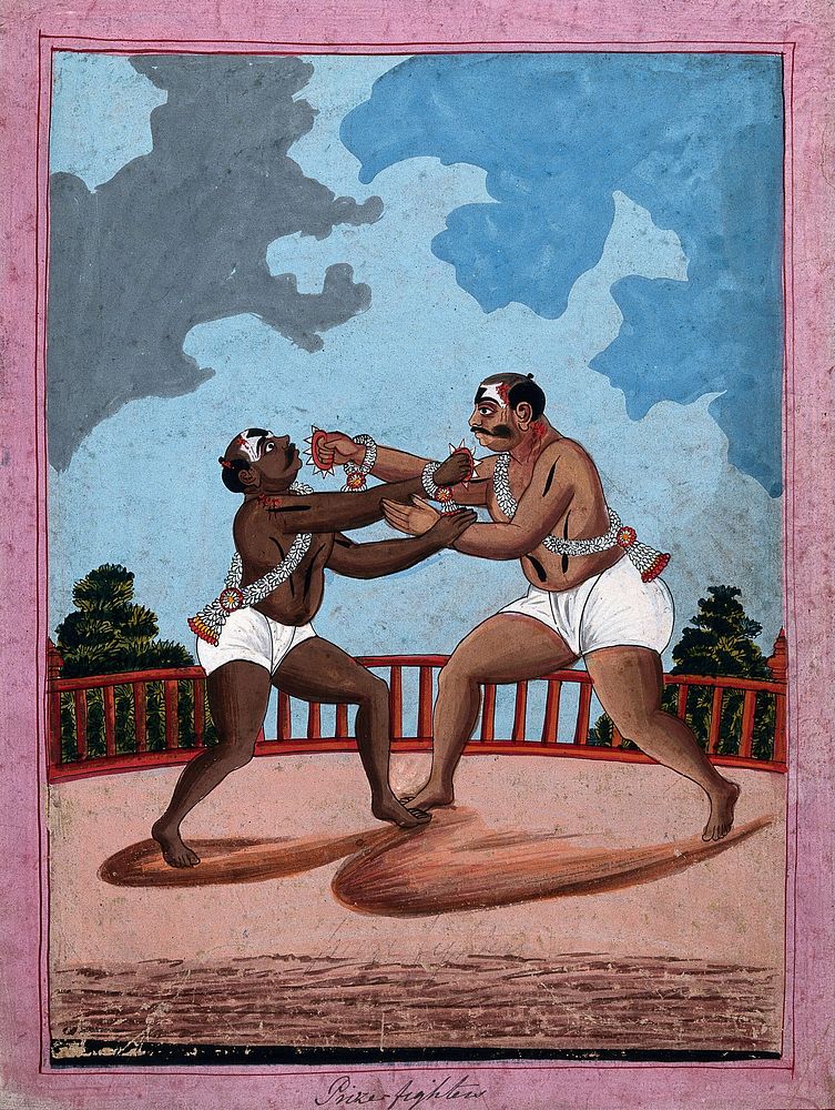 Prize wrestlers. Gouache drawing.