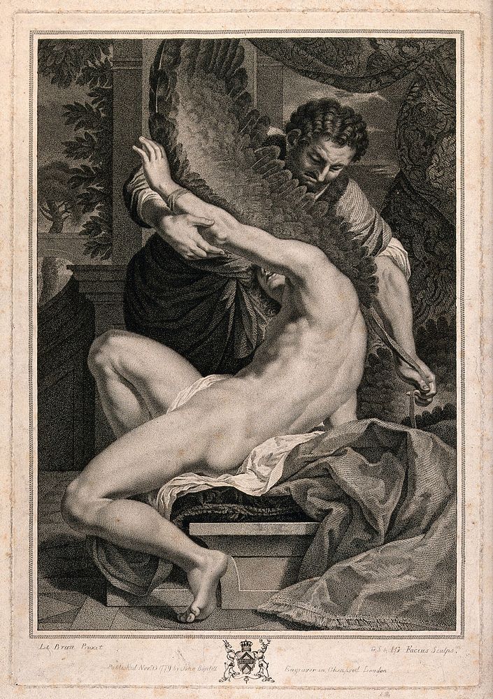 Daedalus attaching wings to the shoulders of his son Icarus. Stipple engraving by G.S. & E.G. Facius after C. Le Brun.