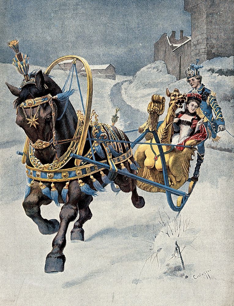 A fine horse wearing a gold and blue harness is pulling a golden sleigh carrying a woman with a footman behind. Colour…