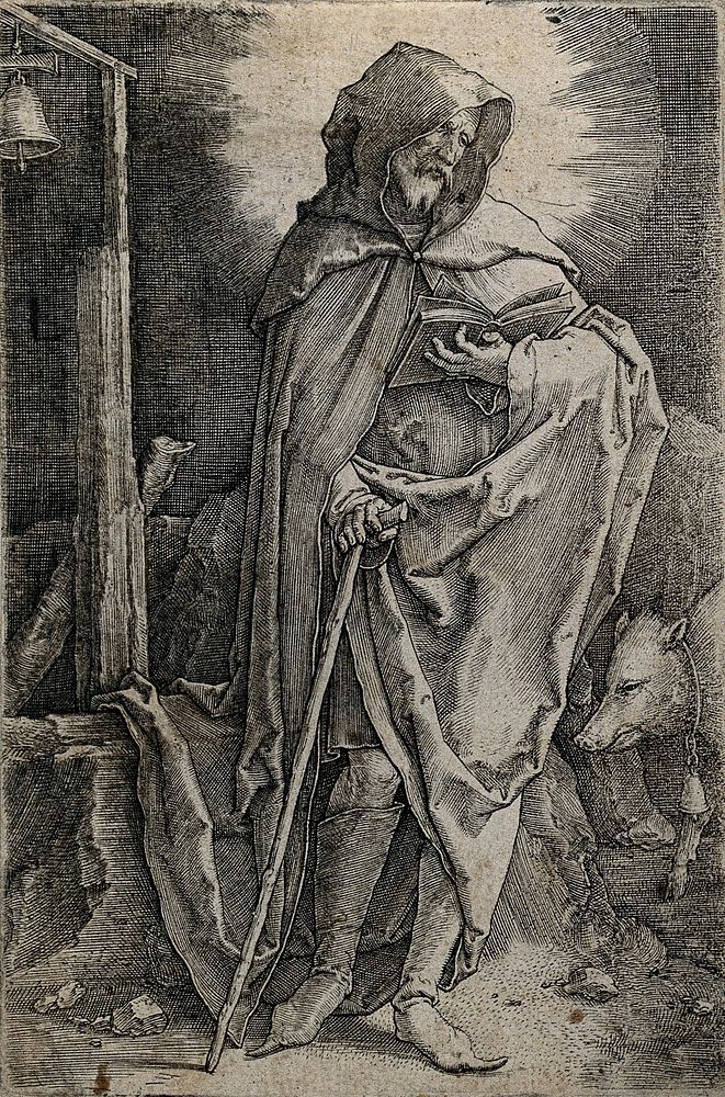 Saint Antony Abbot. Line engraving by Lucas van Leyden.