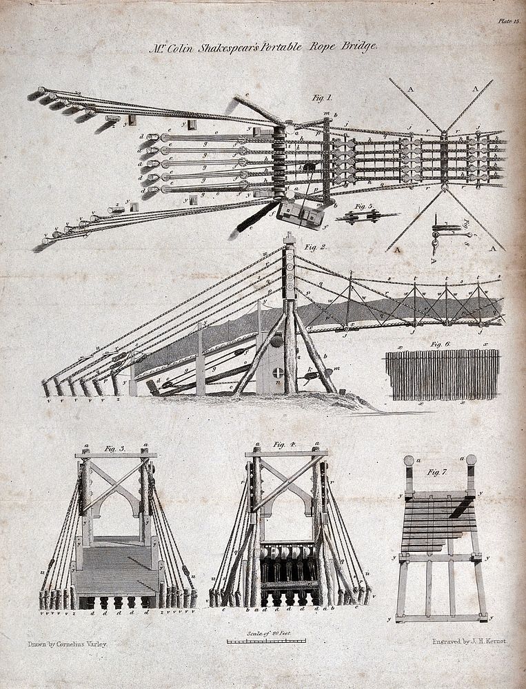 Bridges: a temporary rope bridge. Engraving by J. H. Kernot after C. Varley.