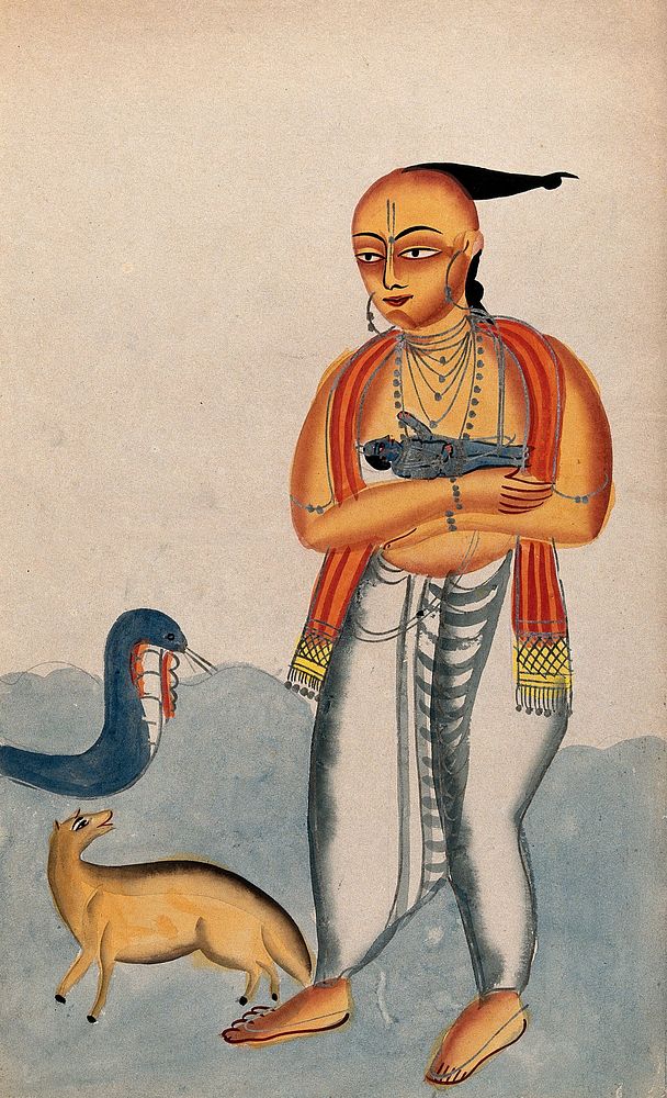 Vasudeva carrying a baby Krishna encountering a cobra and jackal. Watercolour drawing.