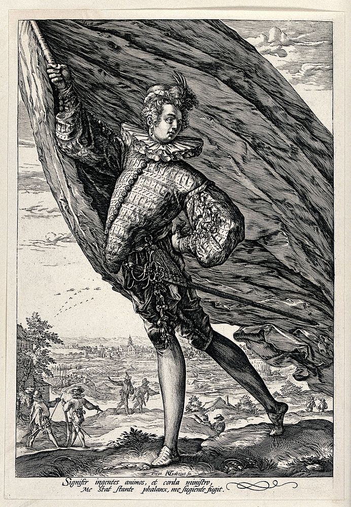 A standard bearer with soldiers in a landscape beyond. Collotype after H. Goltzius, 1587.
