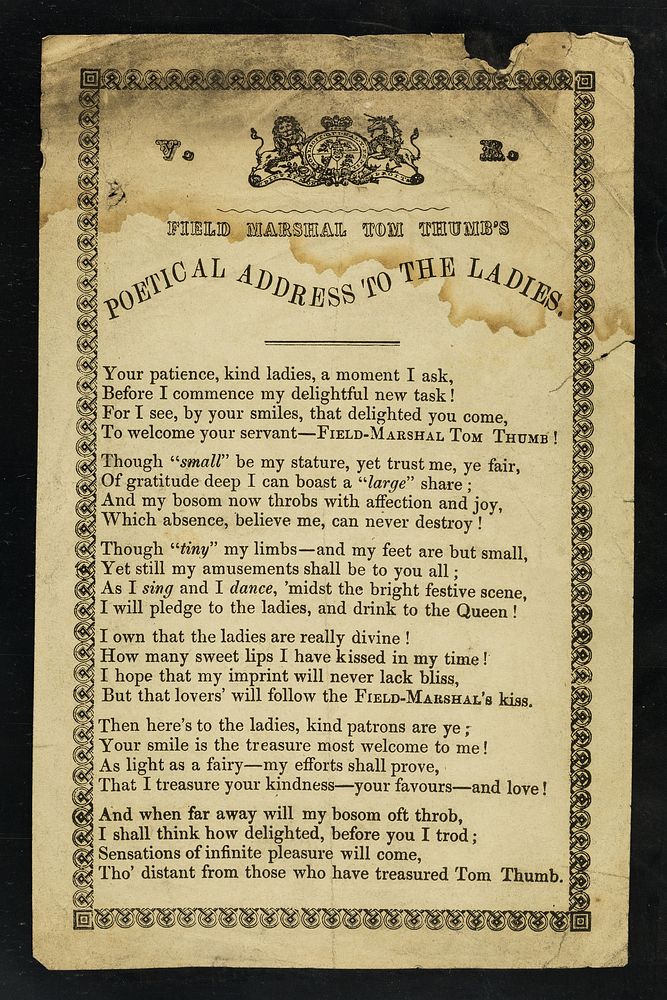[Leaflet bearing Field Marshal Tom Thumb's poetical address to the ladies].