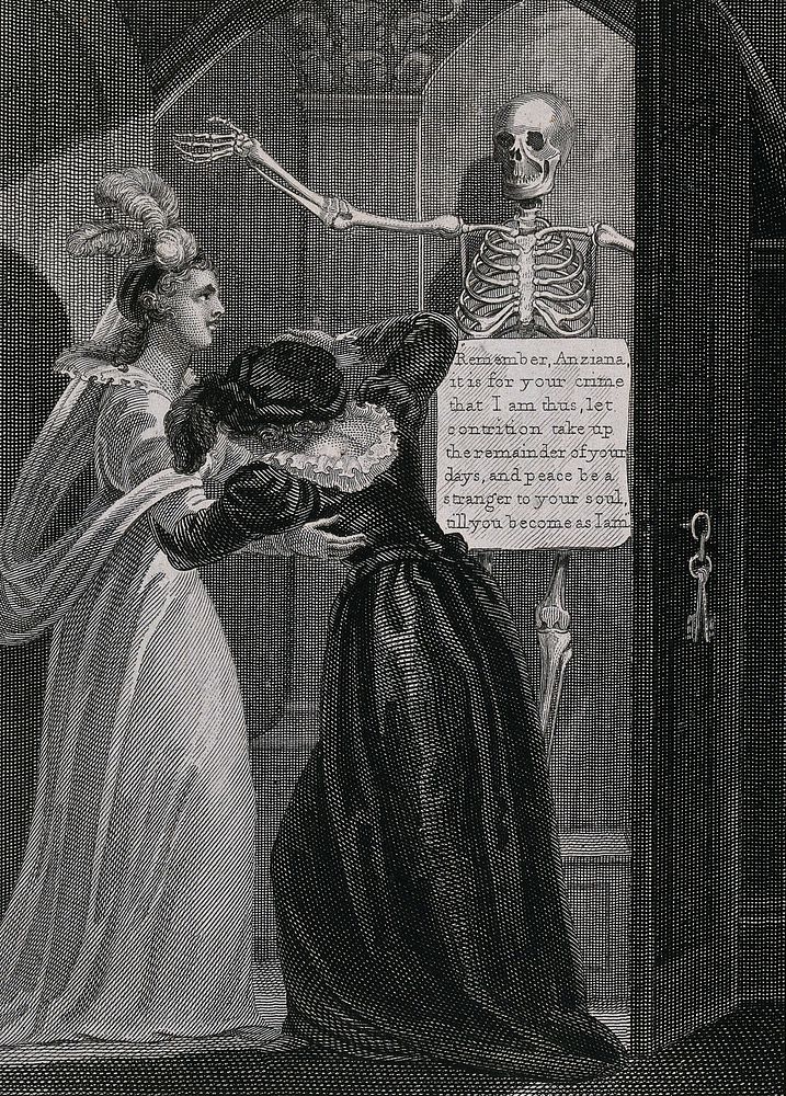 Two women open a cupboard in which a skeleton stands. Engraving by Brown after W.M. Craig, 1819, after E. Haywood.