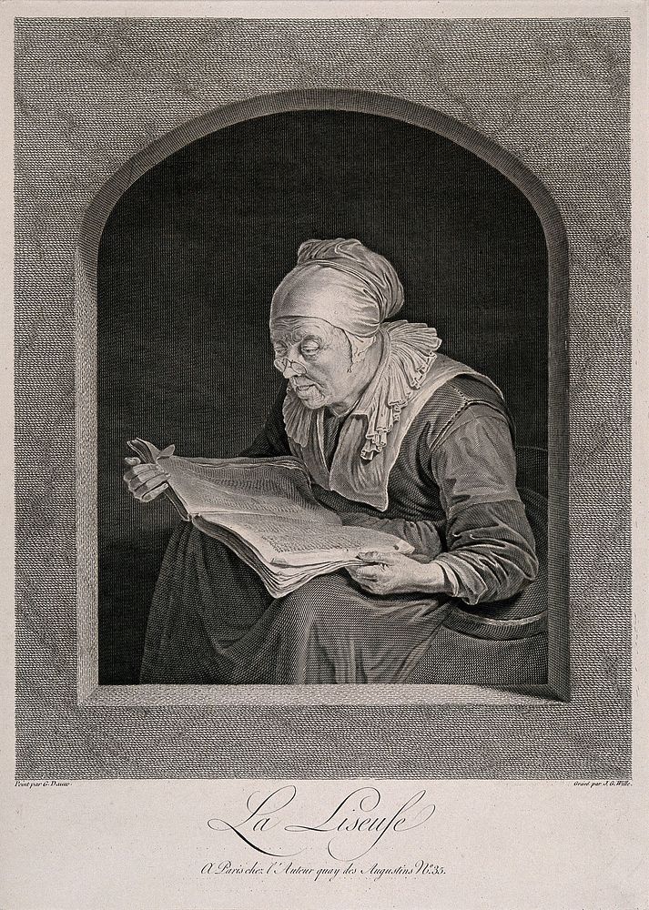 An old woman reading. Line engraving by J.G. Wille after G. Dou.