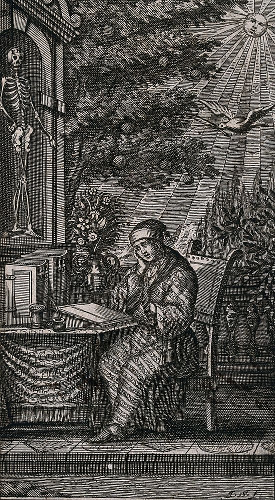 A man sits on his balcony and contemplates his writing. Etching.