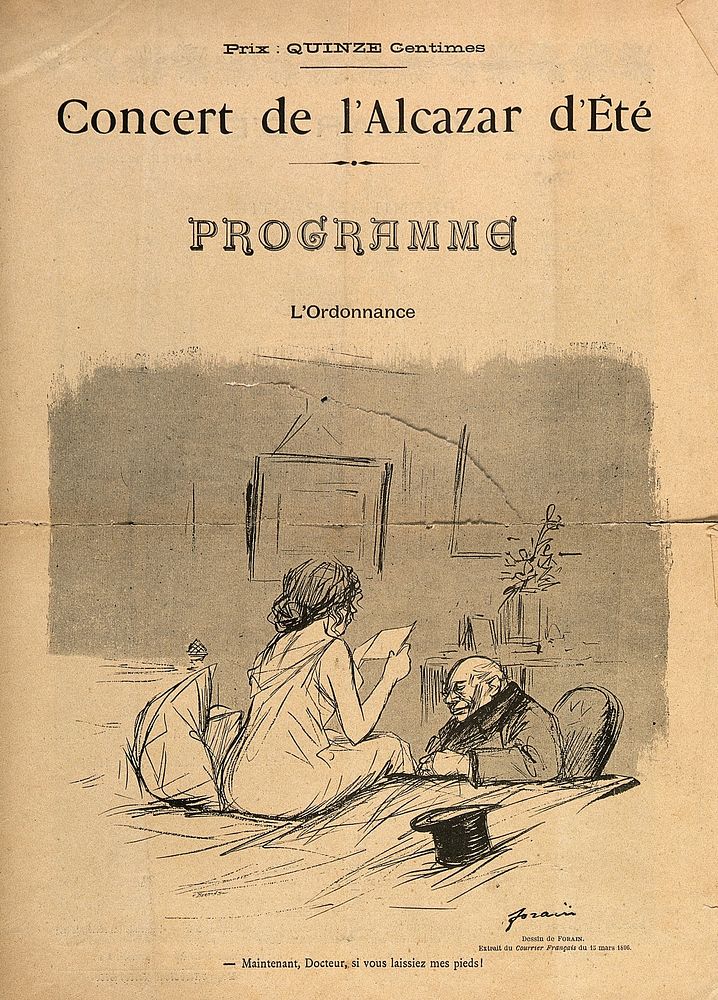 A doctor is over-interested in a female patient's feet. Lithograph after J-L. Forain, c. 1896.