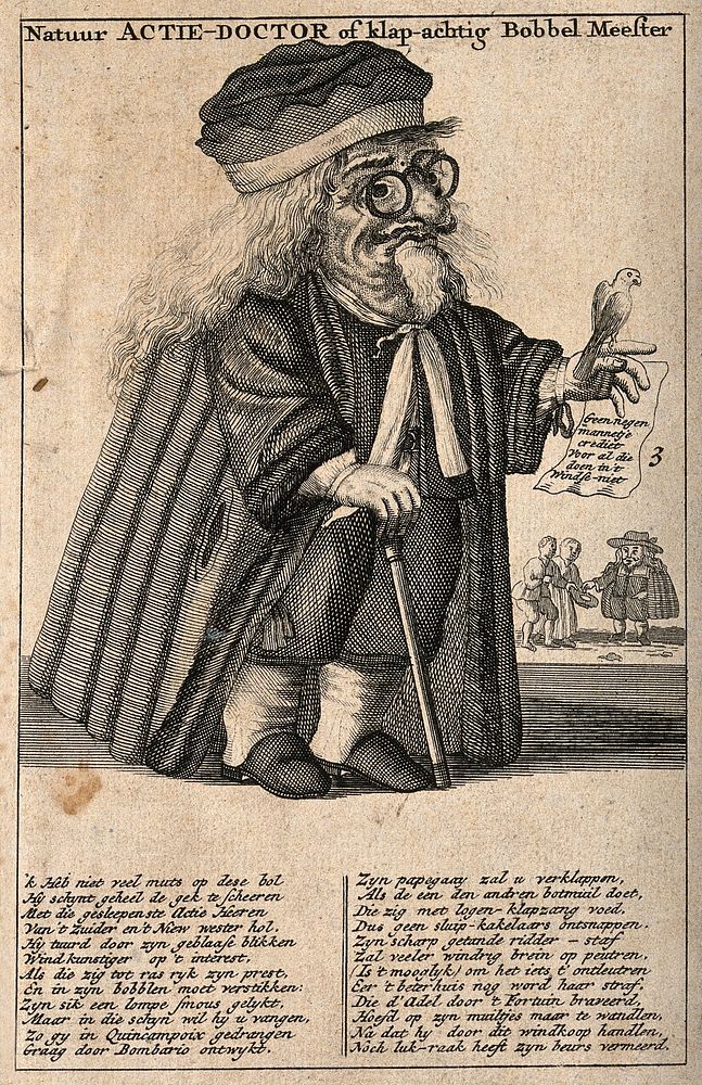 A Dutch physician involved in share dealing in the Dutch speculation explosion of 1720. Engraving, 1720.
